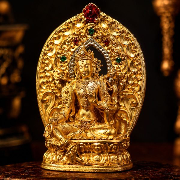 51201 Green Tara (绿度母) Artisanal Bronze Statue - 4.5cm Height Hand-painted Thangka Ornament for Career & Peace