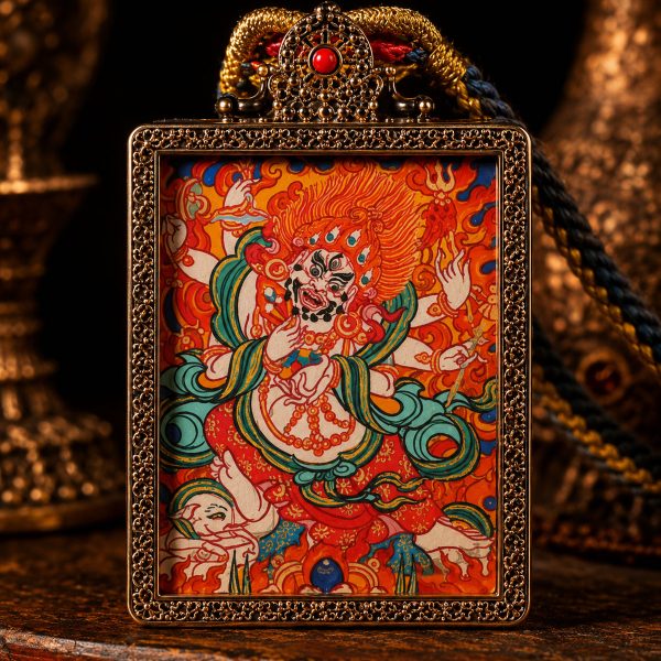 51202 White Six-Armed Mahakala (白六臂) Hand-painted Thangka Pendant - 4x5cm Sacred Wealth Deity for Prosperity & Protection