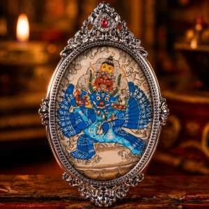 Yamantaka (大威德金刚) Hand-painted Thangka Pendant - 3x4.5cm Sacred Wrathful Deity Amulet for Absolute Protection & Power