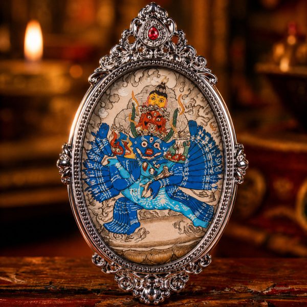 51203 Yamantaka (大威德金刚) Hand-painted Thangka Pendant - 3x4.5cm Sacred Wrathful Deity Amulet for Absolute Protection & Power