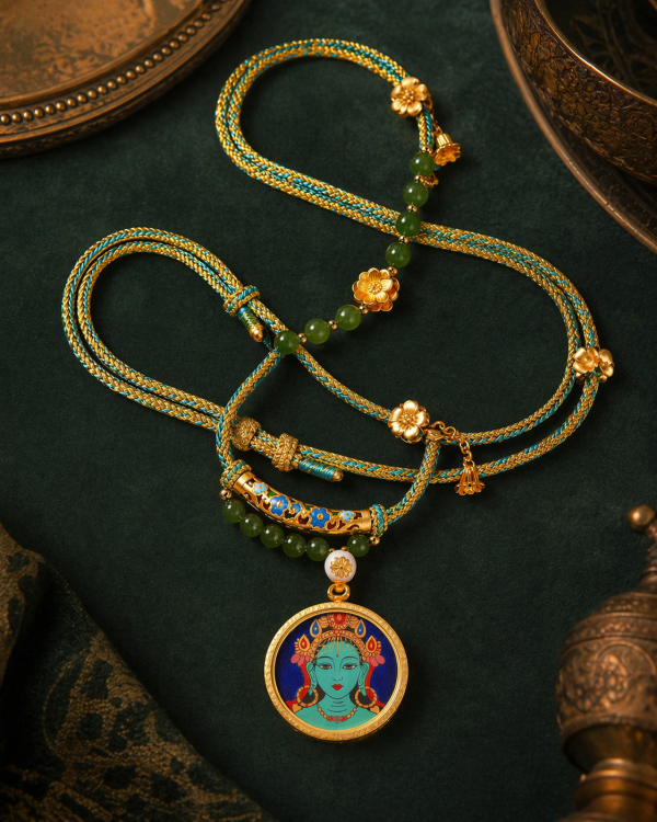 Green Tara (绿度母) Hand-painted Thangka Pendant - 3.5cm Round Rough Mineral Sand Texture Sacred Amulet