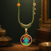 Green Tara (绿度母) Hand-painted Thangka Pendant - 3.5cm Round Rough Mineral Sand Texture Sacred Amulet