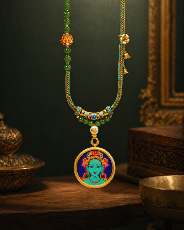 Green Tara (绿度母) Hand-painted Thangka Pendant - 3.5cm Round Rough Mineral Sand Texture Sacred Amulet