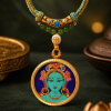 Green Tara (绿度母) Hand-painted Thangka Pendant - 3.5cm Round Rough Mineral Sand Texture Sacred Amulet