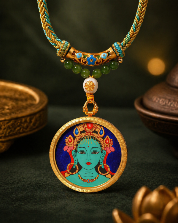Green Tara (绿度母) Hand-painted Thangka Pendant - 3.5cm Round Rough Mineral Sand Texture Sacred Amulet