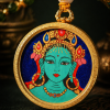 Green Tara (绿度母) Hand-painted Thangka Pendant - 3.5cm Round Rough Mineral Sand Texture Sacred Amulet