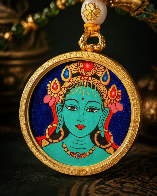 Green Tara (绿度母) Hand-painted Thangka Pendant - 3.5cm Round Rough Mineral Sand Texture Sacred Amulet