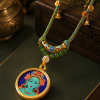 Green Tara (绿度母) Hand-painted Thangka Pendant - 3.5cm Round Rough Mineral Sand Texture Sacred Amulet
