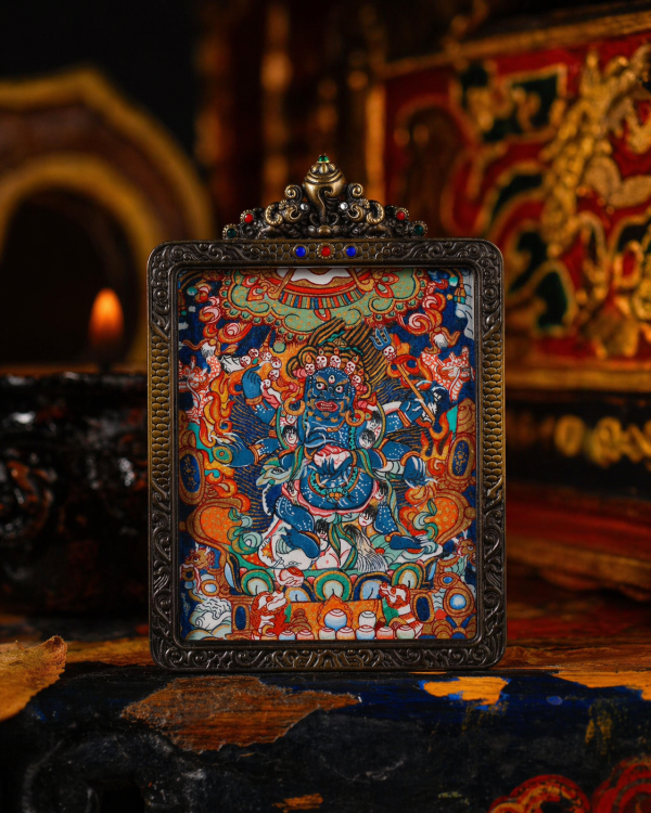Mahakala (大黑天) Hand-painted Miniature Thangka Pendant - Artisanal Copper Casing for Supreme Protection & Prosperity