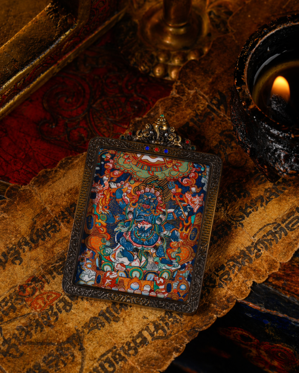 Mahakala (大黑天) Hand-painted Miniature Thangka Pendant - Artisanal Copper Casing for Supreme Protection & Prosperity