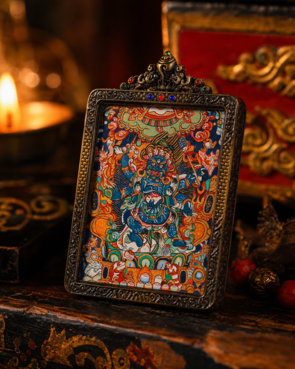 Mahakala (大黑天) Hand-painted Miniature Thangka Pendant - Artisanal Copper Casing for Supreme Protection & Prosperity