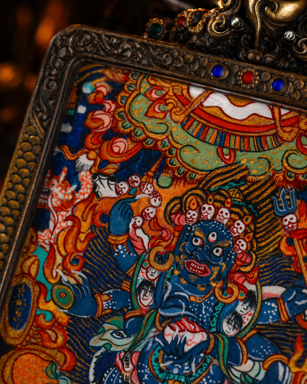 Mahakala (大黑天) Hand-painted Miniature Thangka Pendant - Artisanal Copper Casing for Supreme Protection & Prosperity