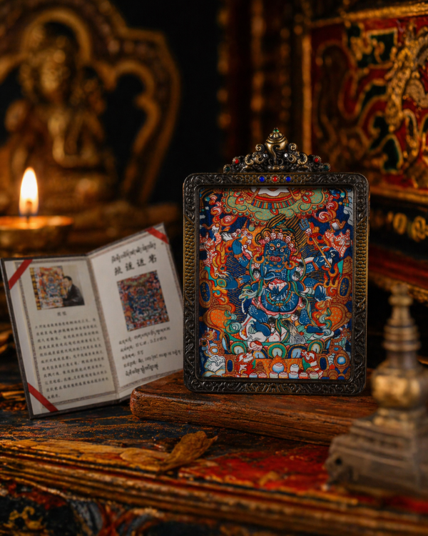 Mahakala (大黑天) Hand-painted Miniature Thangka Pendant - Artisanal Copper Casing for Supreme Protection & Prosperity