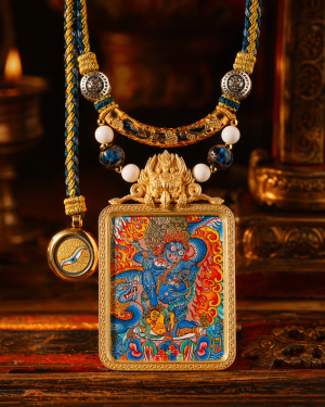Black Jambhala (黑财神) Artisanal Thangka Pendant - 3.5x4.5cm Hand-painted Wealth & Prosperity Amulet
