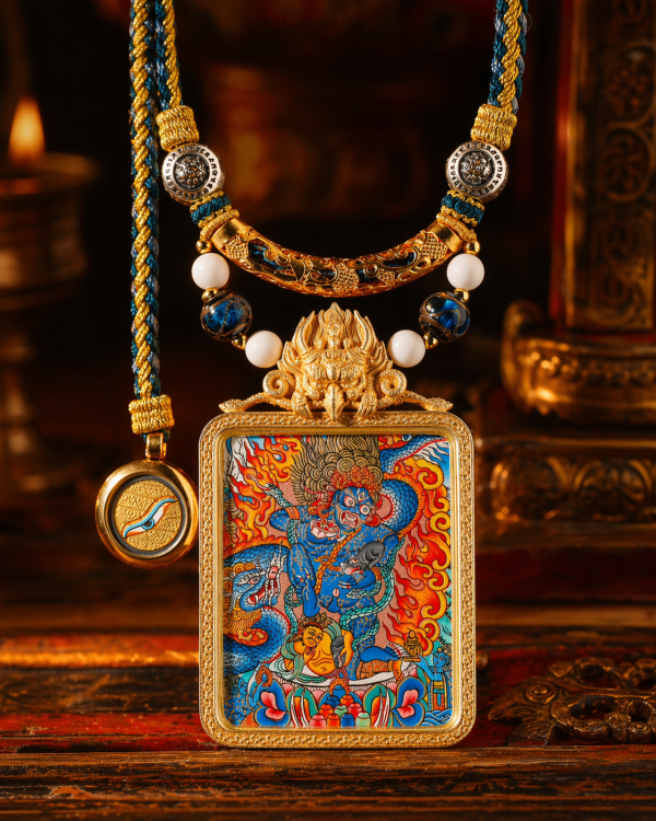 Black Jambhala (黑财神) Artisanal Thangka Pendant - 3.5x4.5cm Hand-painted Wealth & Prosperity Amulet