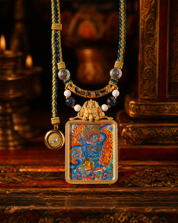 Black Jambhala (黑财神) Artisanal Thangka Pendant - 3.5x4.5cm Hand-painted Wealth & Prosperity Amulet