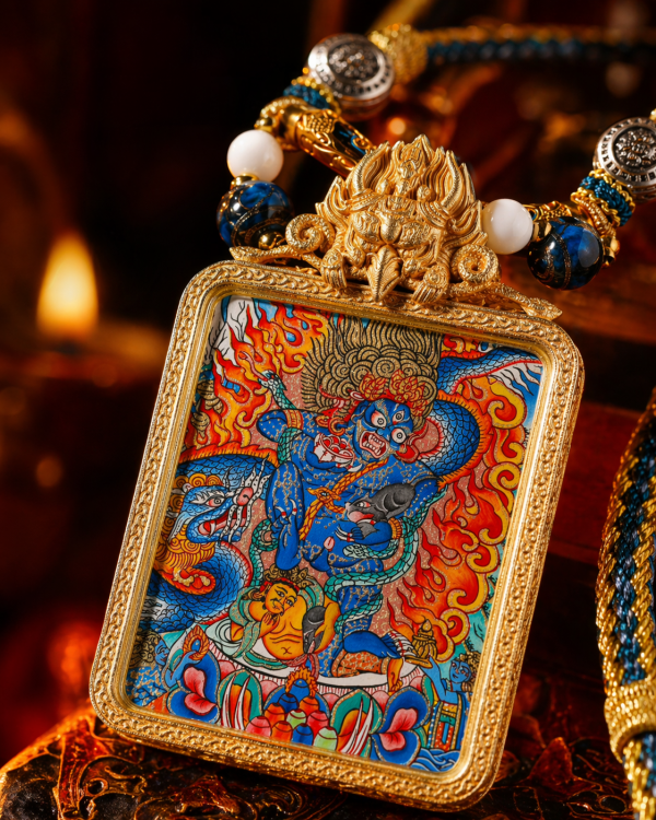 Black Jambhala (黑财神) Artisanal Thangka Pendant - 3.5x4.5cm Hand-painted Wealth & Prosperity Amulet