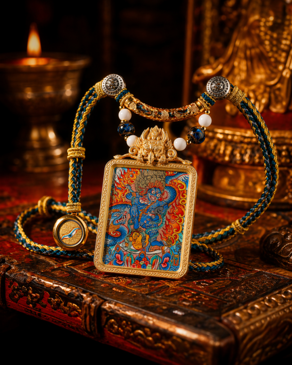 Black Jambhala (黑财神) Artisanal Thangka Pendant - 3.5x4.5cm Hand-painted Wealth & Prosperity Amulet