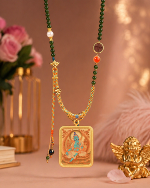 Green Tara (绿度母) Artisanal Thangka Pendant - 4x5cm Hand-painted Sacred Art for Career Success & Inner Peace