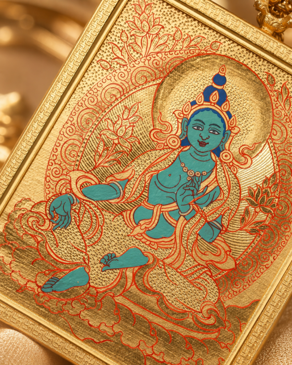 Green Tara (绿度母) Artisanal Thangka Pendant - 4x5cm Hand-painted Sacred Art for Career Success & Inner Peace