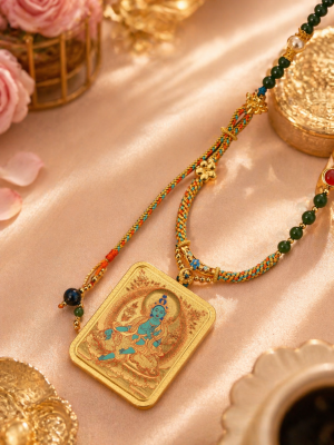 Green Tara (绿度母) Artisanal Thangka Pendant - 4x5cm Hand-painted Sacred Art for Career Success & Inner Peace