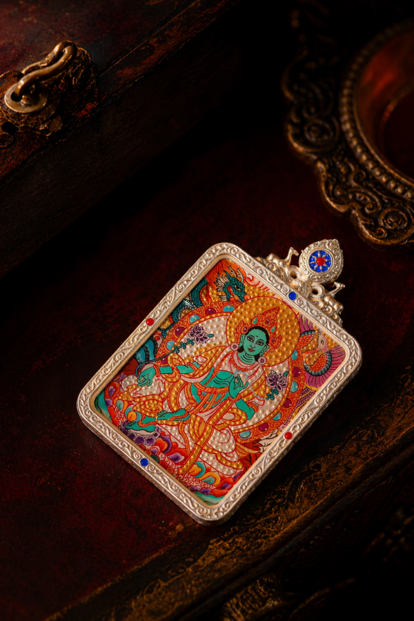 Green Tara (绿度母) Artisanal Thangka Pendant - 4x5cm 3D Gold Relief (Tujin) Sacred Compassion Amulet