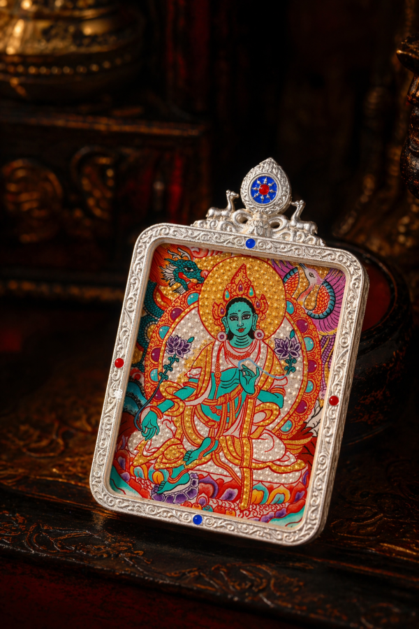 Green Tara (绿度母) Artisanal Thangka Pendant - 4x5cm 3D Gold Relief (Tujin) Sacred Compassion Amulet