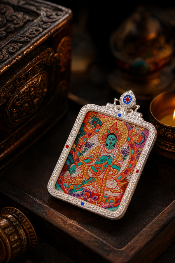 Green Tara (绿度母) Artisanal Thangka Pendant - 4x5cm 3D Gold Relief (Tujin) Sacred Compassion Amulet