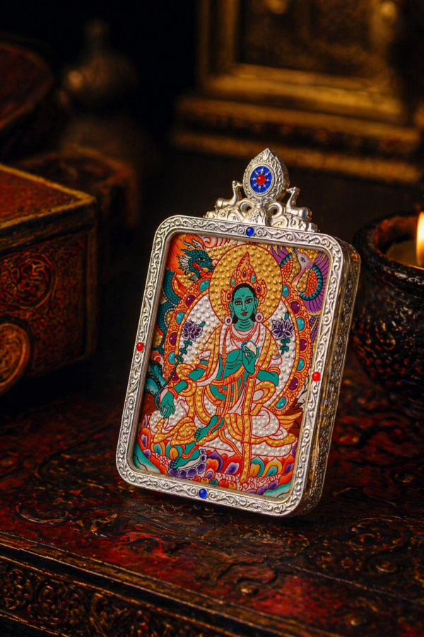 Green Tara (绿度母) Artisanal Thangka Pendant - 4x5cm 3D Gold Relief (Tujin) Sacred Compassion Amulet