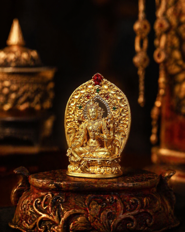 ChatGPT Image 2026年4月23日 18_35_25 Green Tara (绿度母) Artisanal Bronze Statue - 4.5cm Height Hand-painted Thangka Ornament for Career & Peace