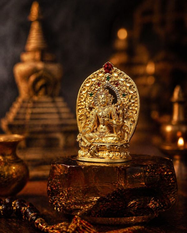 ChatGPT Image 2026年4月23日 18_35_54 (5) Green Tara (绿度母) Artisanal Bronze Statue - 4.5cm Height Hand-painted Thangka Ornament for Career & Peace