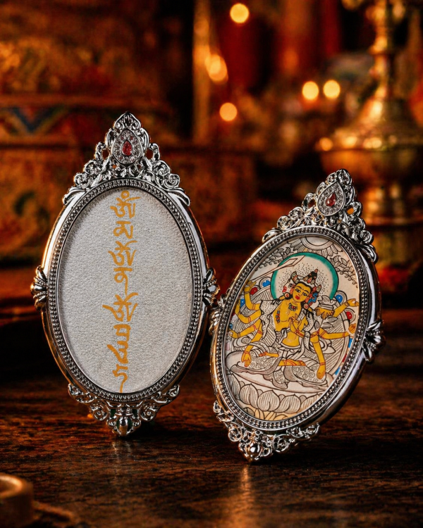 Marici (摩利支天) Hand-painted Thangka Pendant - 3x4.5cm Sacred Goddess of Light Amulet for Protection & Victory over Obstacles