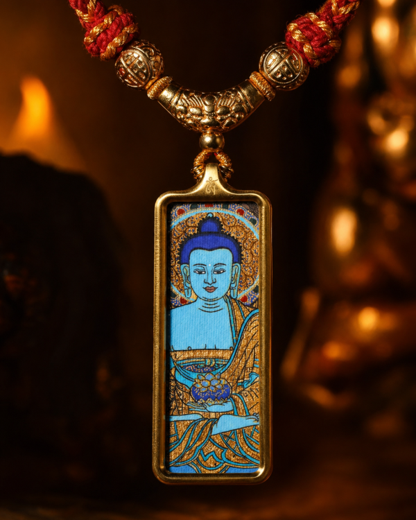 ChatGPT Image 2026年4月26日 18_29_29 (6) Medicine Buddha (药师佛) Hand-painted Thangka Pendant - 2x4.5cm Sacred Healing Amulet for Health & Inner Peace