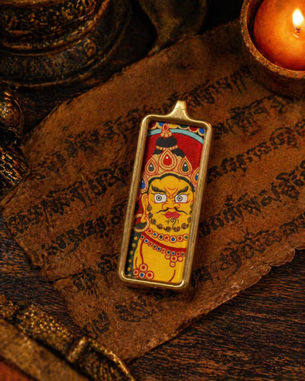 Yellow Jambhala (黄财神) Hand-painted Thangka Pendant - 2x4.5cm Slim Sacred Amulet for Wealth & Prosperity