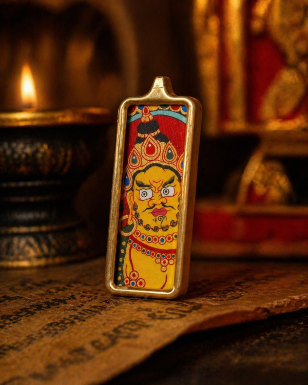 Yellow Jambhala (黄财神) Hand-painted Thangka Pendant - 2x4.5cm Slim Sacred Amulet for Wealth & Prosperity