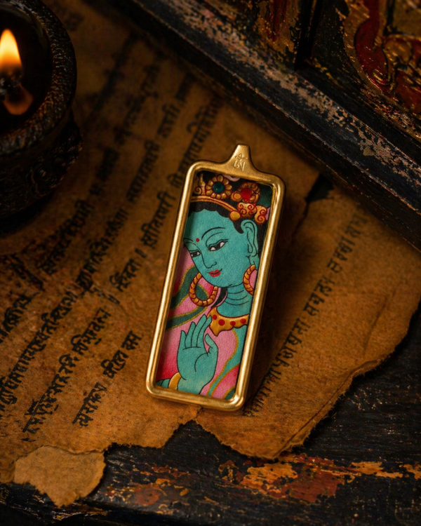 ChatGPT Image 2026年4月26日 18_36_22 (5) Green Tara (绿度母) Hand-painted Thangka Pendant - 2x4.5cm Slim Sacred Amulet for Success & Inner Peace