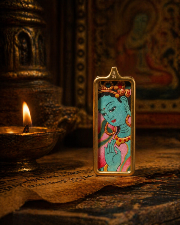 ChatGPT Image 2026年4月26日 18_36_22 (6) Green Tara (绿度母) Hand-painted Thangka Pendant - 2x4.5cm Slim Sacred Amulet for Success & Inner Peace