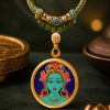 Green Tara (绿度母) Hand-painted Thangka Pendant - 3.5cm Round Rough Mineral Sand Texture Sacred Amulet