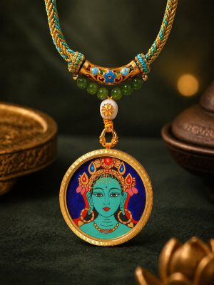 Image-2026年4月23日-15_19_14-3 Green Tara (绿度母) Hand-painted Thangka Pendant - 3.5cm Round Rough Mineral Sand Texture Sacred Amulet