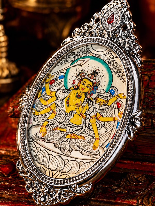 Marici (摩利支天) Hand-painted Thangka Pendant - 3x4.5cm Sacred Goddess of Light Amulet for Protection & Victory over Obstacles