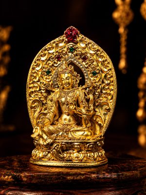 Green Tara (绿度母) Artisanal Bronze Statue - 4.5cm Height Hand-painted Thangka Ornament for Career & Peace
