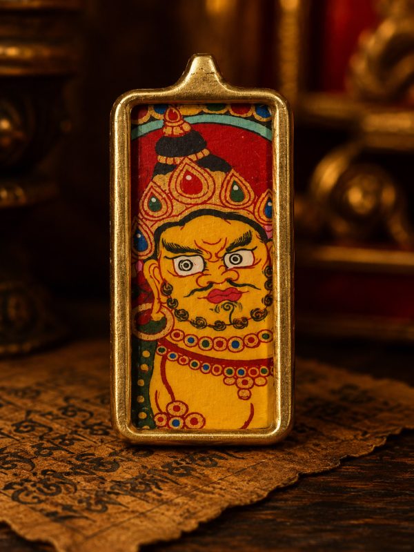 Yellow Jambhala (黄财神) Hand-painted Thangka Pendant - 2x4.5cm Slim Sacred Amulet for Wealth & Prosperity