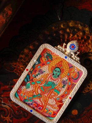 凸金彩唐2 Green Tara (绿度母) Artisanal Thangka Pendant - 4x5cm Gold Relief (Tujin) Sacred Compassion Amulet