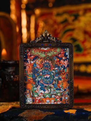 大黑天 国家非物质文化传承人一级画师·旦增院长亲绘 Mahakala (大黑天) Hand-painted Miniature Thangka Pendant - Artisanal Copper Casing for Supreme Protection & Prosperity