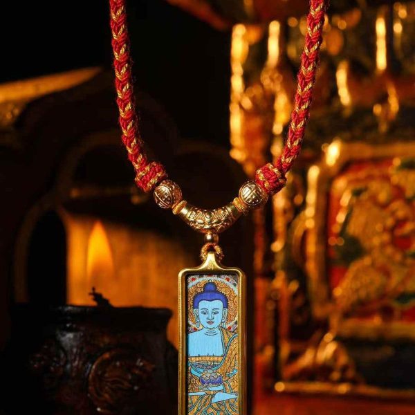 小金条11 Medicine Buddha (药师佛) Hand-painted Thangka Pendant - 2x4.5cm Sacred Healing Amulet for Health & Inner Peace