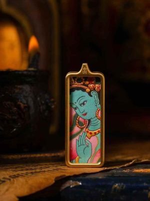 小金条14 Green Tara (绿度母) Hand-painted Thangka Pendant - 2x4.5cm Slim Sacred Amulet for Success & Inner Peace