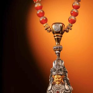 日光橙冰飘玛瑙&扎基拉姆5 Zaki Lhamo (扎基拉姆) Artisanal Thangka Pendant - 999 Sterling Silver Casing - Hand-painted Wealth & Fortune Amulet