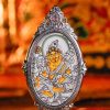 椭圆银唐 Yellow Jambhala (黄财神) Hand-painted Thangka Pendant - 3x4.5cm Sacred Wealth Deity Amulet for Abundance & Prosperity