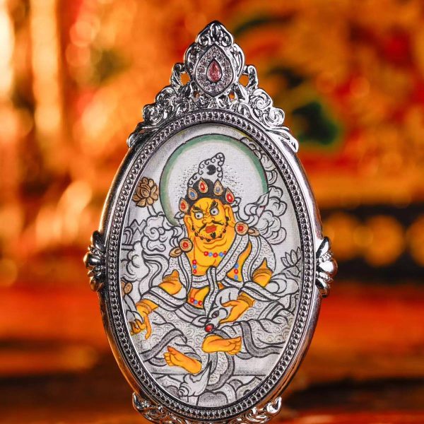 椭圆银唐 Yellow Jambhala (黄财神) Hand-painted Thangka Pendant - 3x4.5cm Sacred Wealth Deity Amulet for Abundance & Prosperity