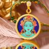 Green Tara (绿度母) Hand-painted Thangka Pendant - 3.5cm Round Rough Mineral Sand Texture Sacred Amulet